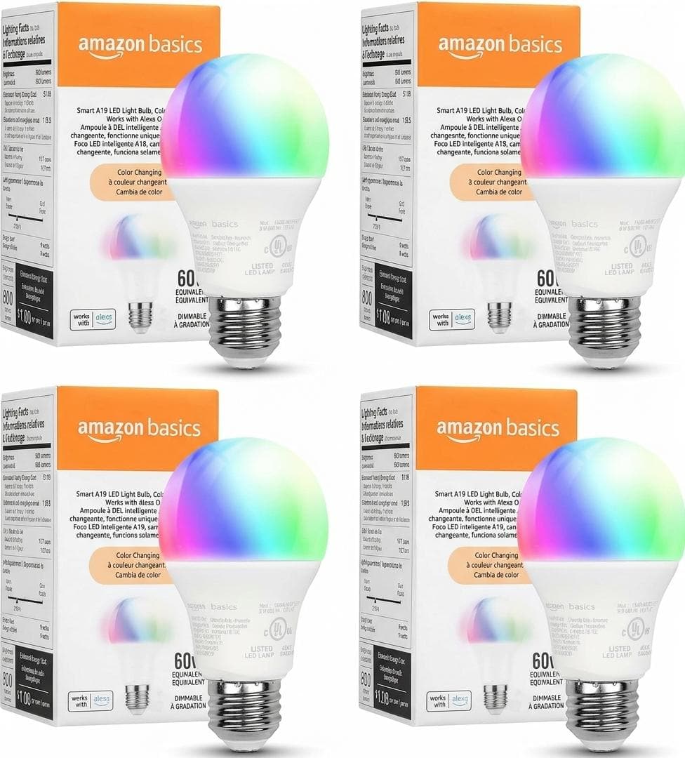 Amazon - Basics - Smart A19 LED Light Bulb - Color Changing 4 pack bundle price history on PriceWatchPro