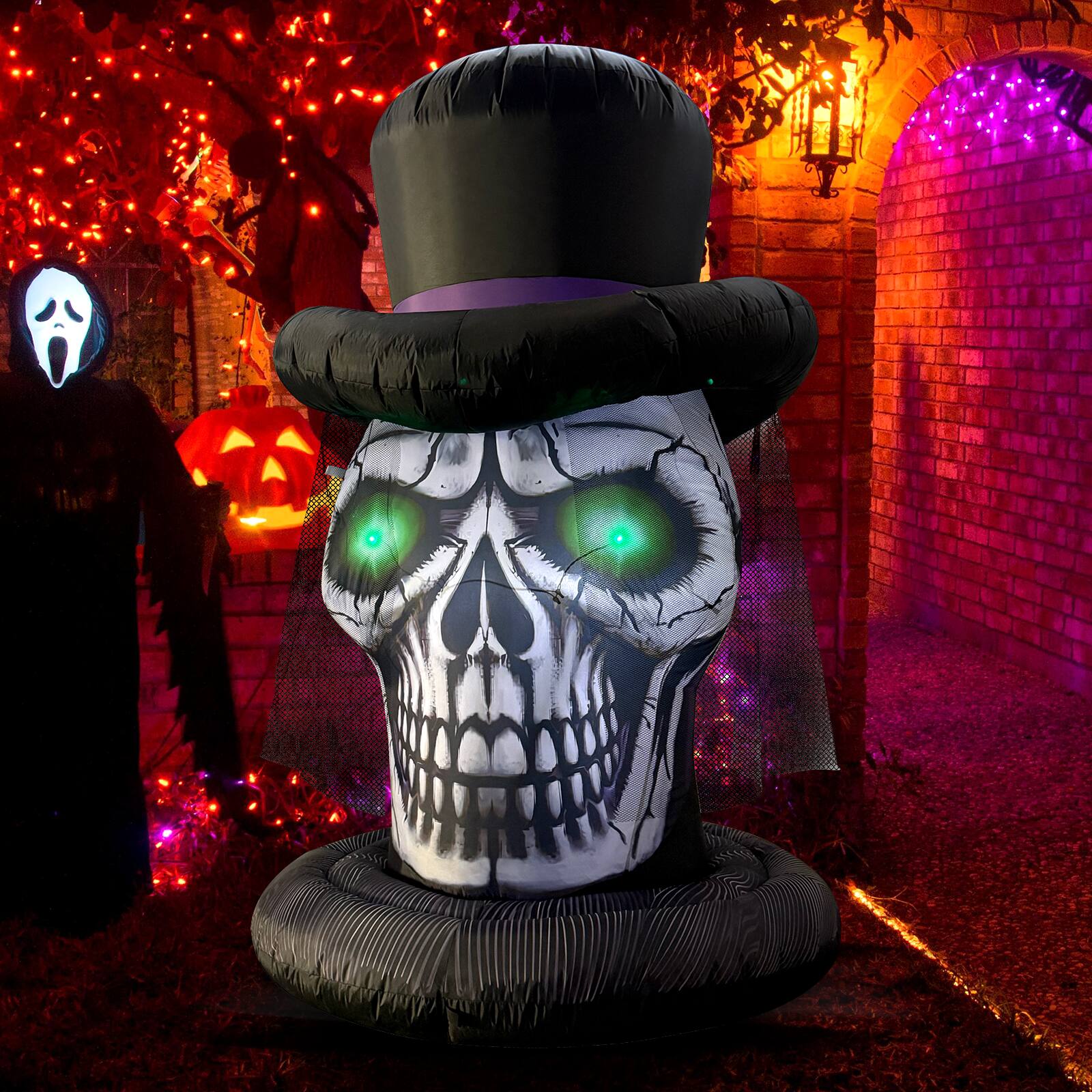 Left. GOOSH Inflatables - GOOSH 6FT Inflatable Skull with Top Hat – Light-Up Halloween Yard Decoration - Black.