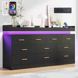 Espafurni - 10 - Drawer Dresser with LED Light & Charging Station - Modern Chest for Bedroom, Living Room, Entryway & Hallway - Black