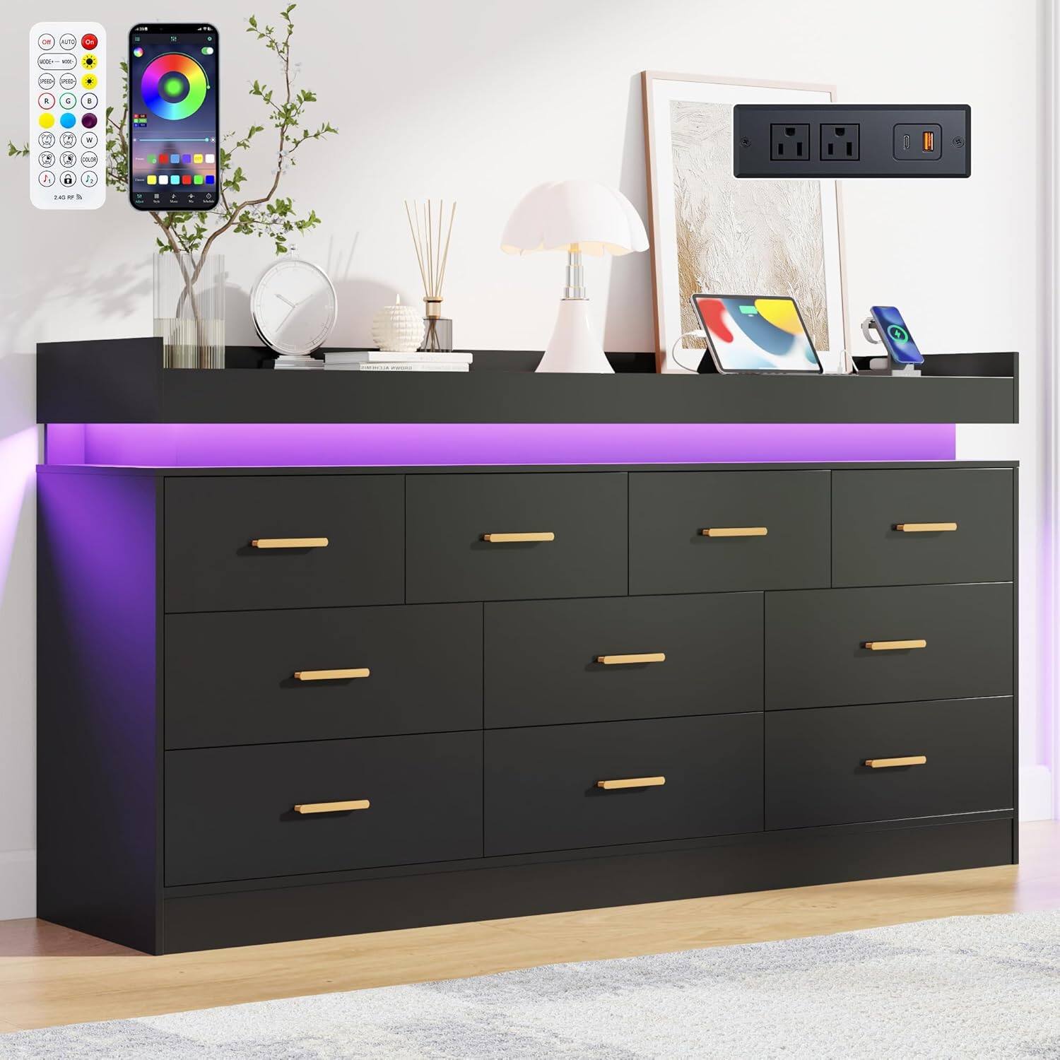 Front. Espafurni - 10 - Drawer Dresser with LED Light & Charging Station - Modern Chest for Bedroom, Living Room, Entryway & Hallway - Black.