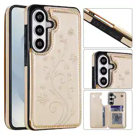 Dteck - For Samsung Galaxy S25 FE Wallet Case Flower Embossed Pattern PU Leather Card Slots Flip Kickstand Shockproof Cover - Gold