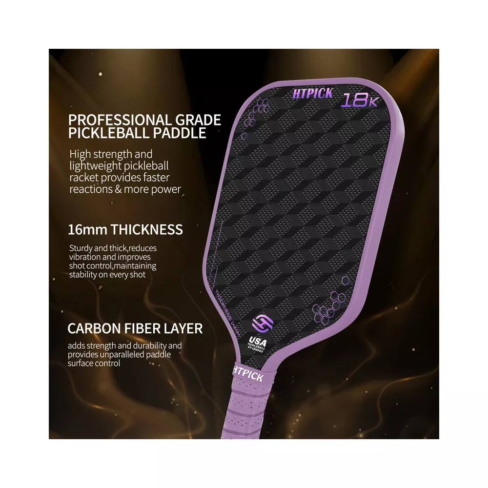 **PROFESSIONAL GRADE PICKLEBALL PADDLE**

High strength and lightweight pickleball racket provides faster reactions & more power.

**16mm THICKNESS**

Sturdy and thick, reduces vibration and improves shot control, maintaining stability on every shot.

**CARBON FIBER LAYER**

Adds strength and durability and provides unparalleled paddle surface control.

HTPICK 18K

USA

HTPICK