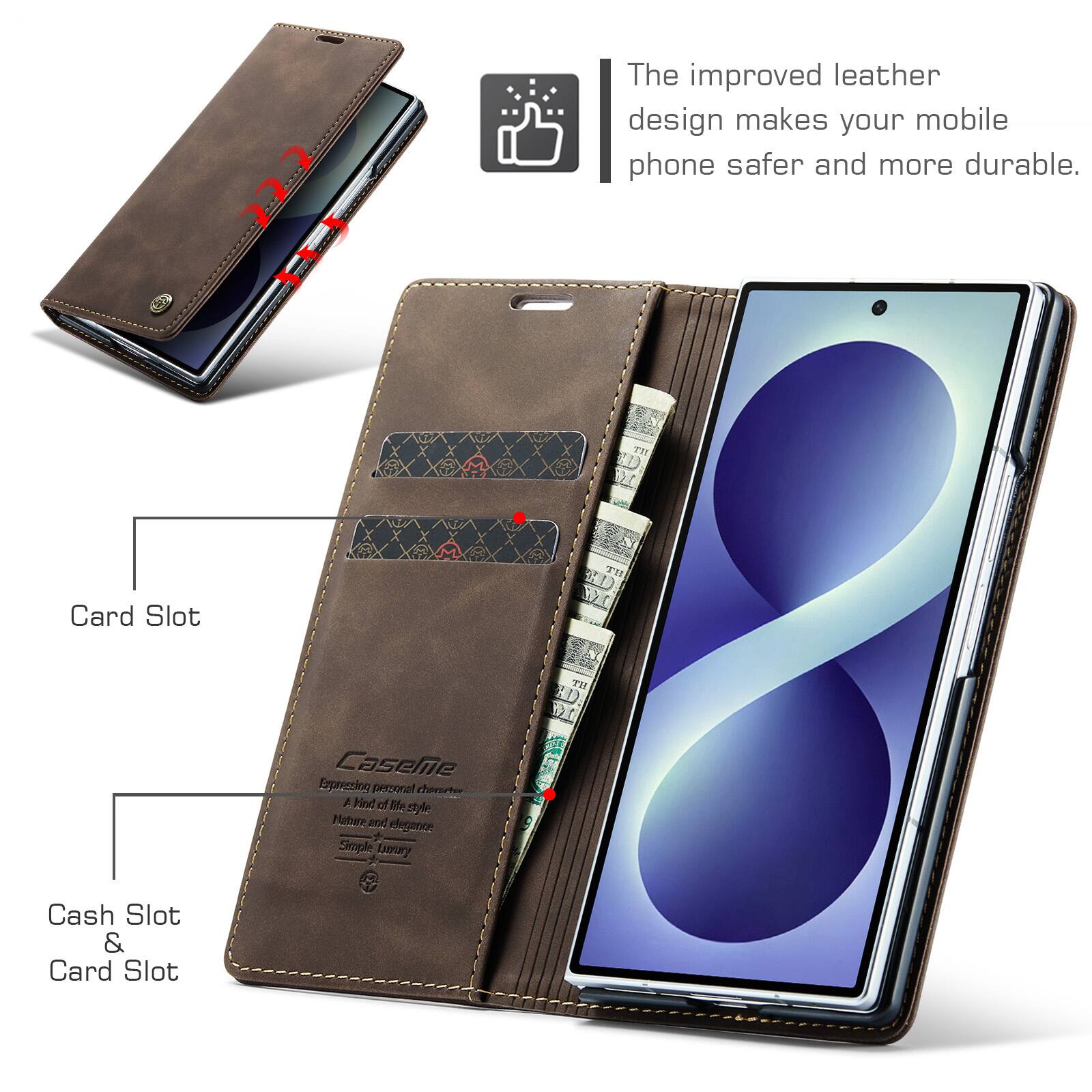 The improved leather design makes your mobile phone safer and more durable. The Card Slot The Casele Expressing personal character A Wind of the Style Mature and elegance Simple Luxury Cash Slot & Card Slot