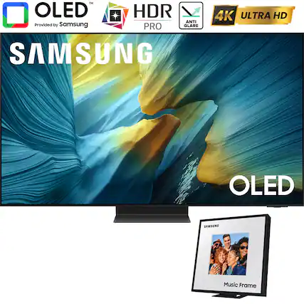 Sure, here is the corrected and grouped text from the image:
- **OLED**
*Provided by Samsung*
- **HDR PRO**
- **4K ULTRA HD**
- **ANTI GLARE**
- **SAMSUNG**
- **OLED**
- **Music Frame**