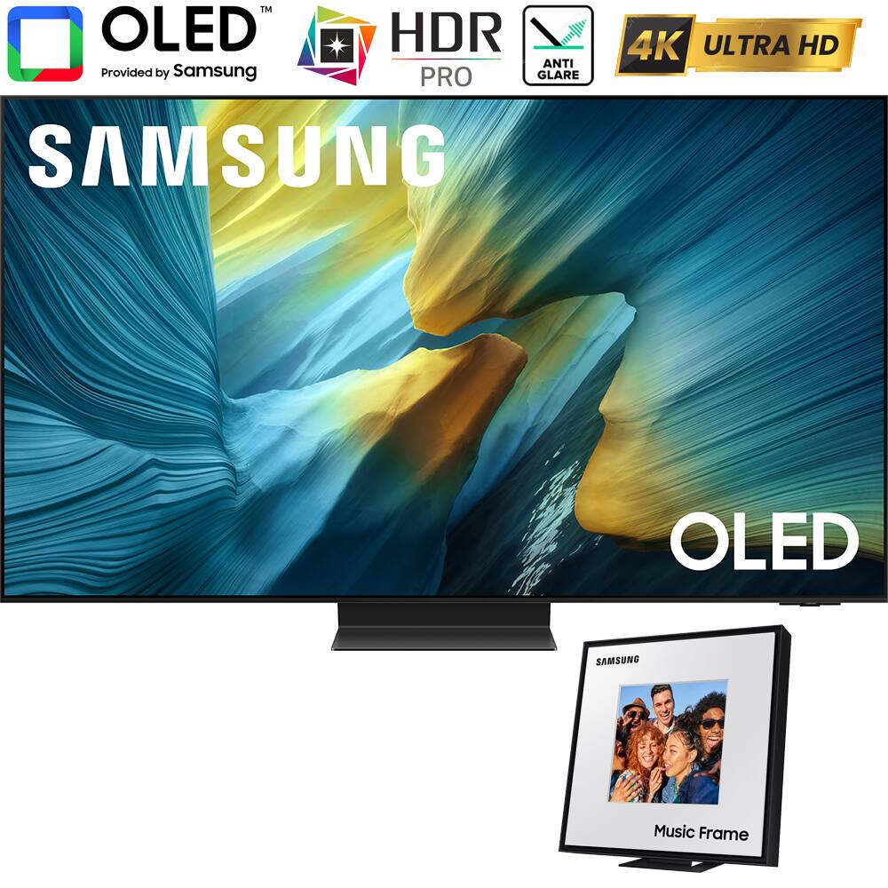 Sure, here is the corrected and grouped text from the image:

- **OLED**  
  *Provided by Samsung*

- **HDR PRO**

- **4K ULTRA HD**

- **ANTI GLARE**

- **SAMSUNG**

- **OLED**

- **Music Frame**