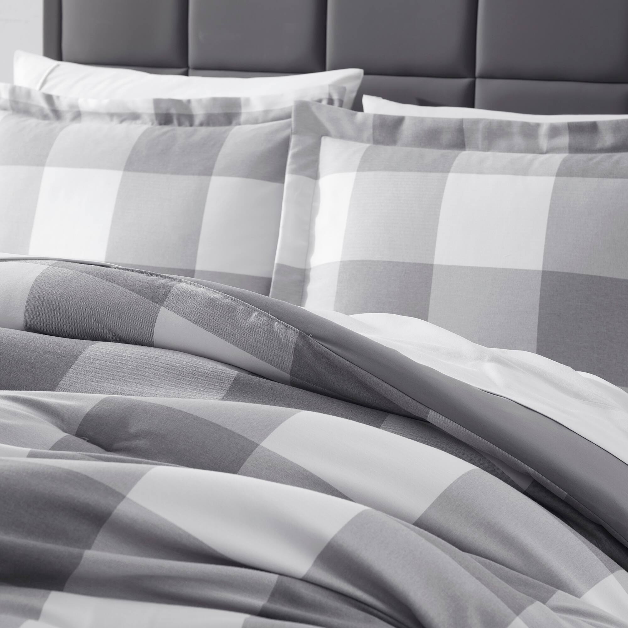 Angle. Sweet Home Collection - 5 Piece Checkered Buffalo Plaid Bed in a Bag Comforter & Sheet Set - Twin - Gray.