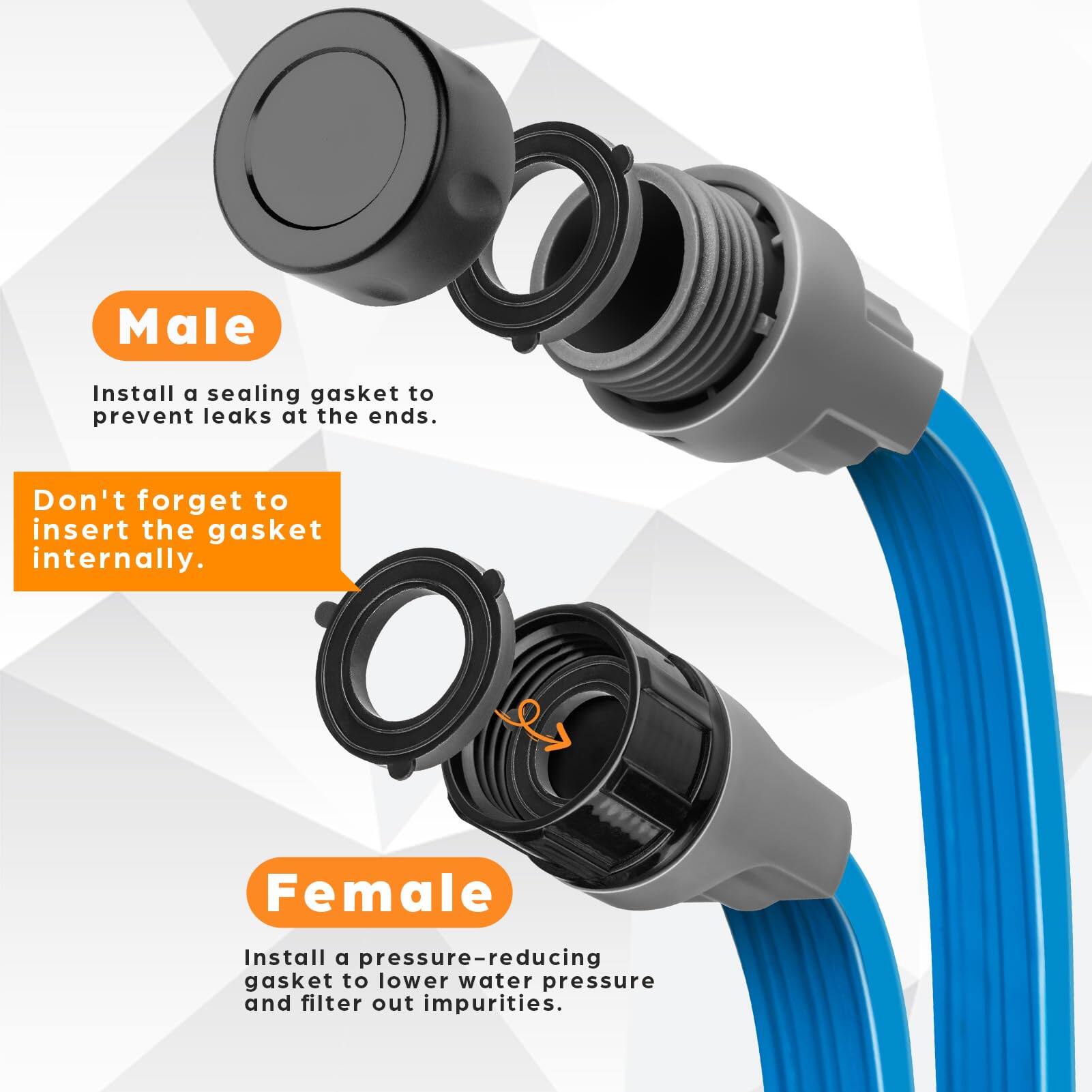 Male  
Install a sealing gasket to prevent leaks at the ends.  
Don't forget to insert the gasket internally.  

Female  
Install a pressure-reducing gasket to lower water pressure and filter out impurities.
