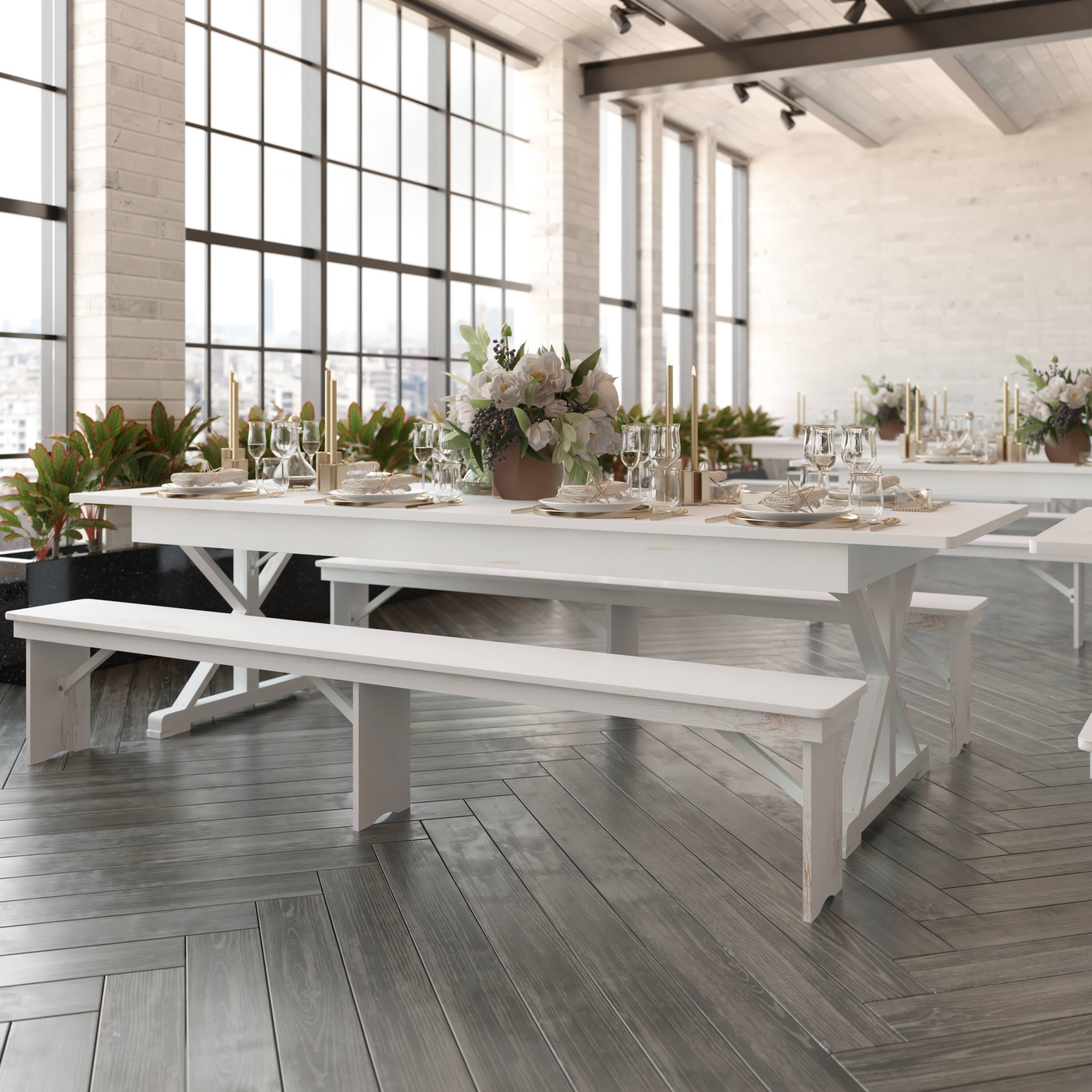 Alt View 3. Flash Furniture - HERCULES 9' x 40" Rectangular Antique Rustic White Solid Pine Folding Farm Table with X Legs - White.