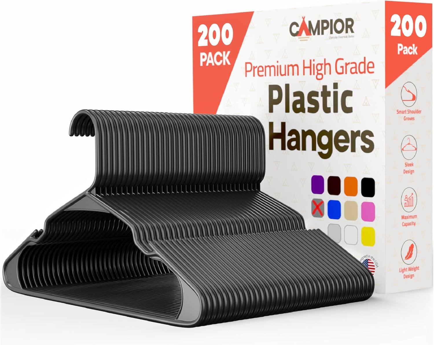 200 Pack CAMPIOR 200 Pack Premium High Grade Plastic Hangers Smart Shoulder Groves Sleek Design Maximum Capacity Light Weight Design