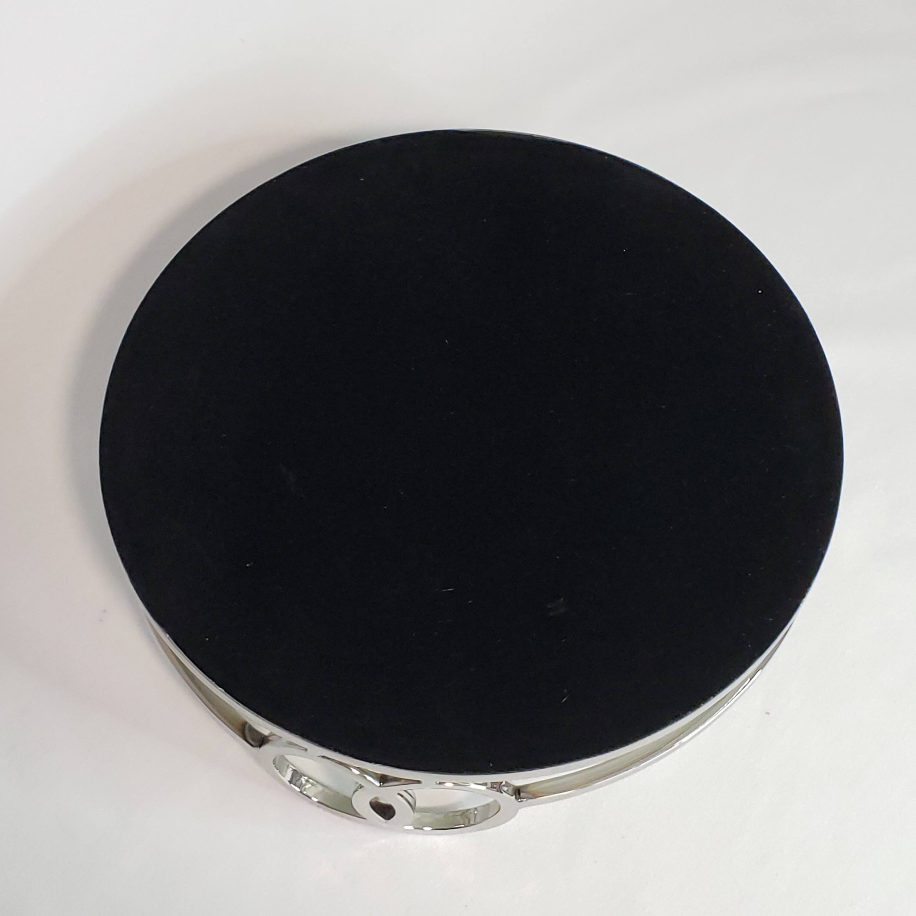 Angle. Jiallo - Luxury Silver Stainless Steel Round vanity tray with mirror 11" - Silver.