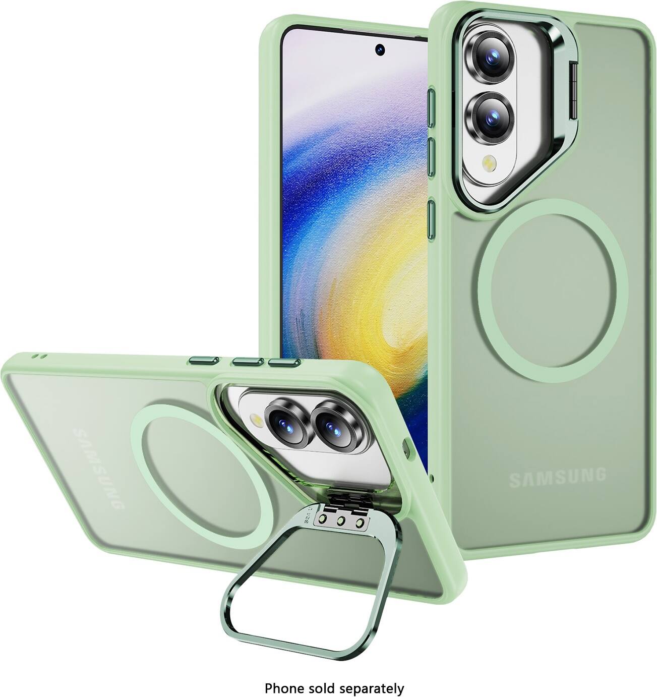The image shows a Samsung phone in a green case. The phone is held in a vertical position, and the case is open, revealing the phone inside. The case has a green color, and it appears to be a protective cover for the phone. The phone is not sold separately; it is already inside the case, which is designed to protect it from scratches and other damages.