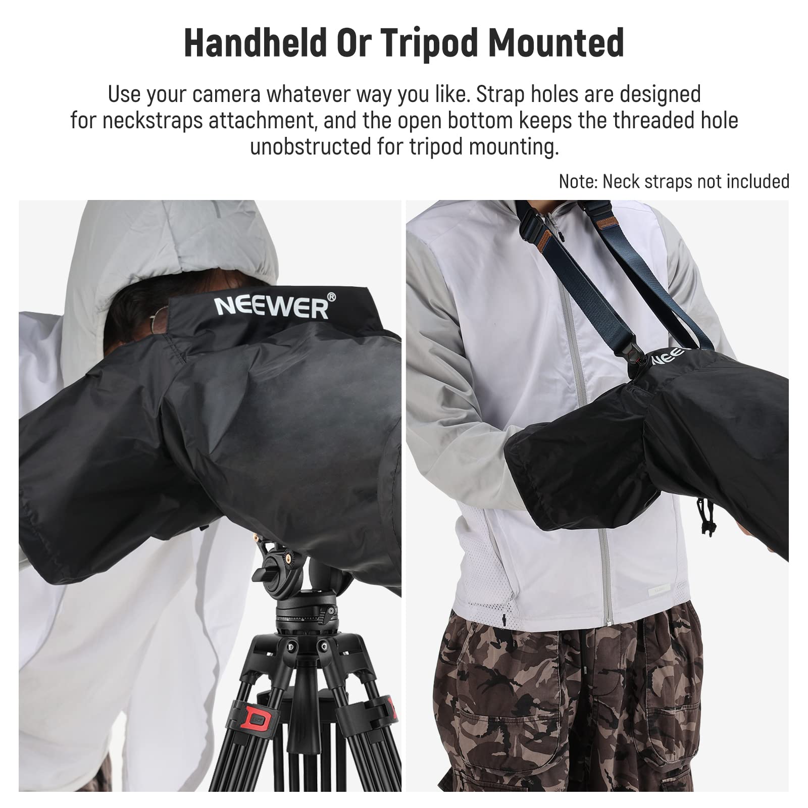 Handheld Or Tripod Mounted

Use your camera whatever way you like. Strap holes are designed for neckstraps attachment, and the open bottom keeps the threaded hole unobstructed for tripod mounting.

Note: Neck straps not included