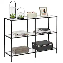 Songmics Home - 39.4 Inch Console Table with 3 Shelves, Sofa Table, Entryway Table, Metal Frame, Tempered Glass Shelf, Modern Style - Classic Black and Transparent
