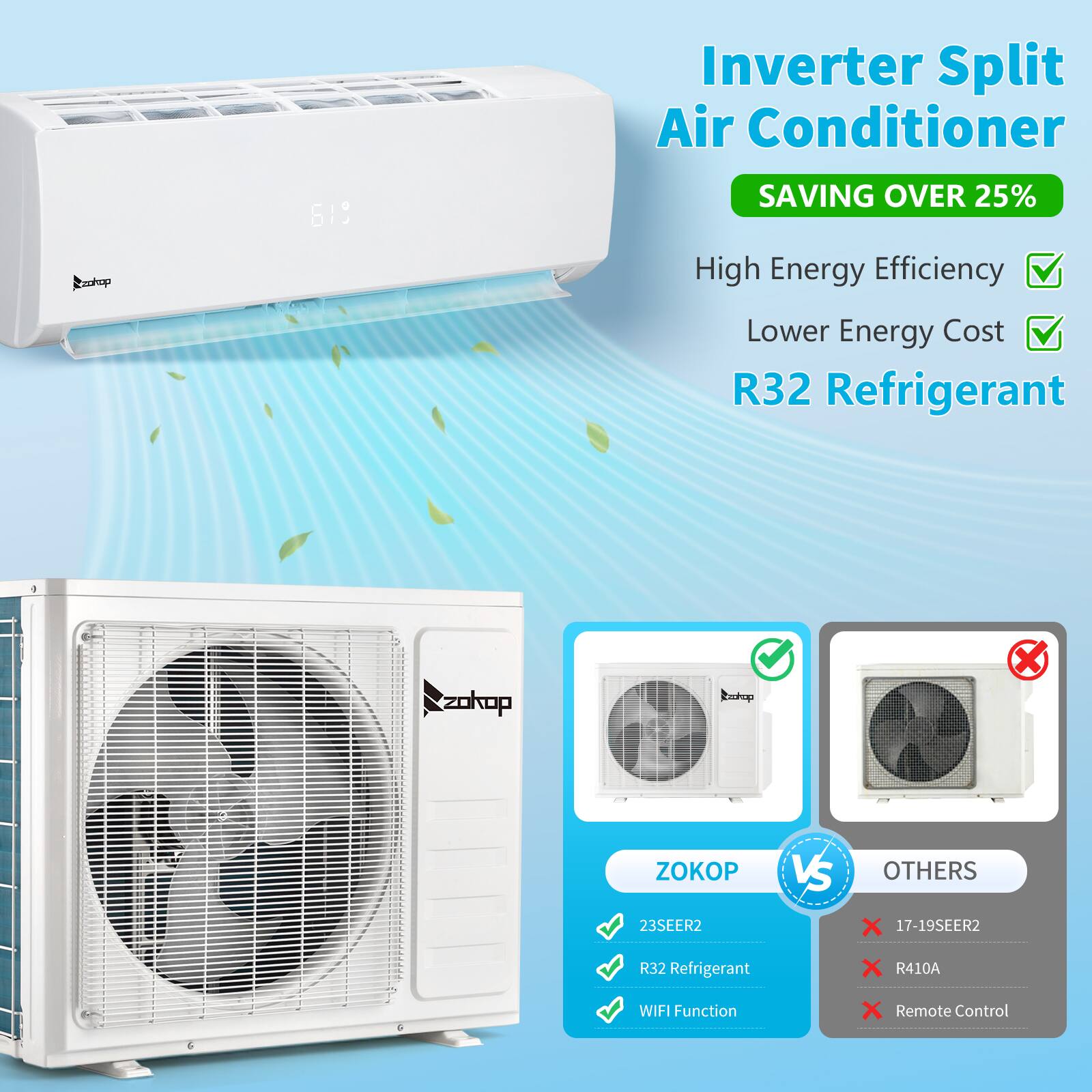 Inverter Split Air Conditioner  
ZOKOP 619  
SAVING OVER 25%  
High Energy Efficiency  
Lower Energy Cost  
R32 Refrigerant  

ZOKOP VS OTHERS  
23SEER2  
R32 Refrigerant  
WIFI Function  
Remote Control  

23SEER2  
R32 Refrigerant  
WIFI Function  

17-19SEER2  
R410A  
Remote Control