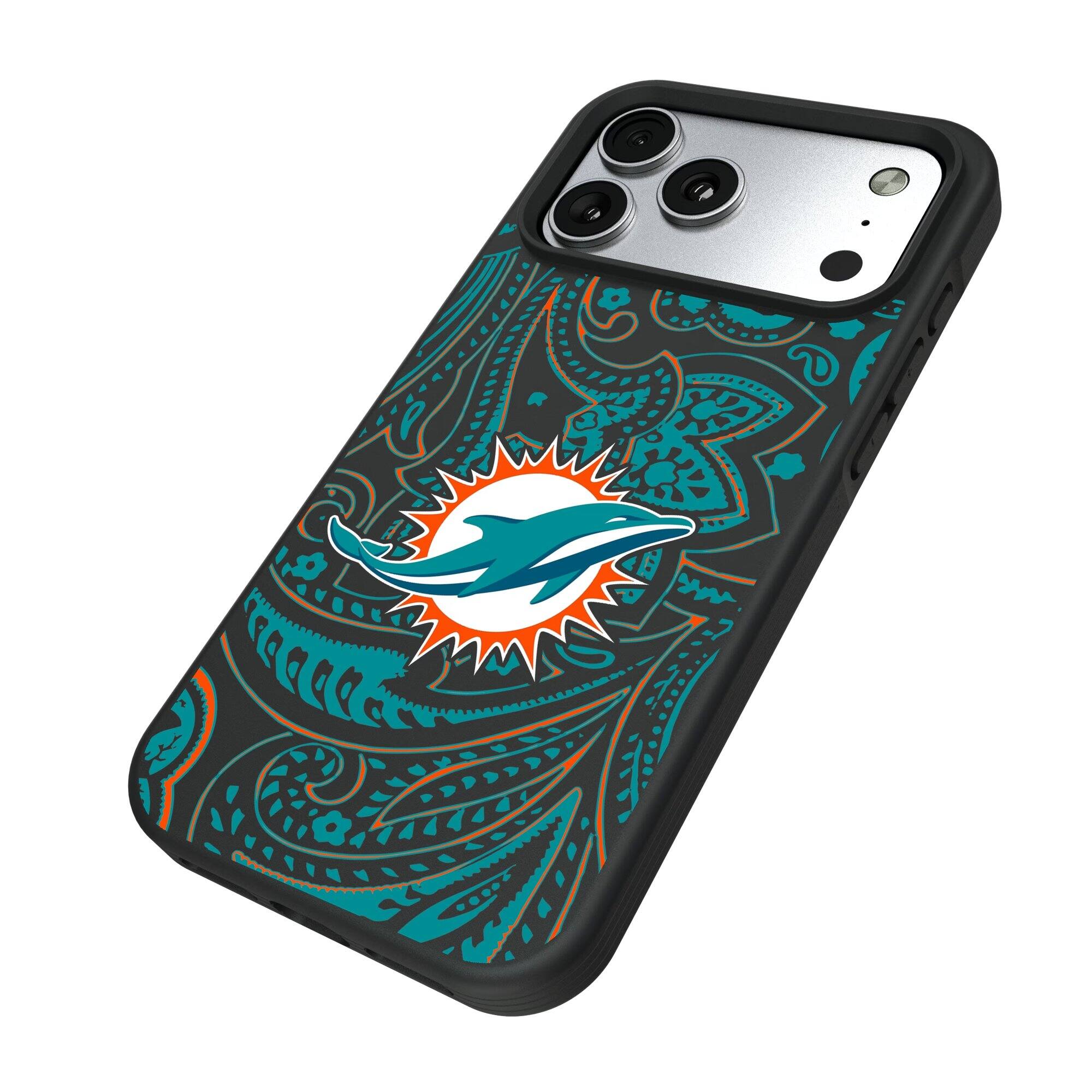 Alt View 1. Keyscaper - Miami Dolphins iPhone Paisley Design Bump Case - 15 Pro Max - Multicolor.