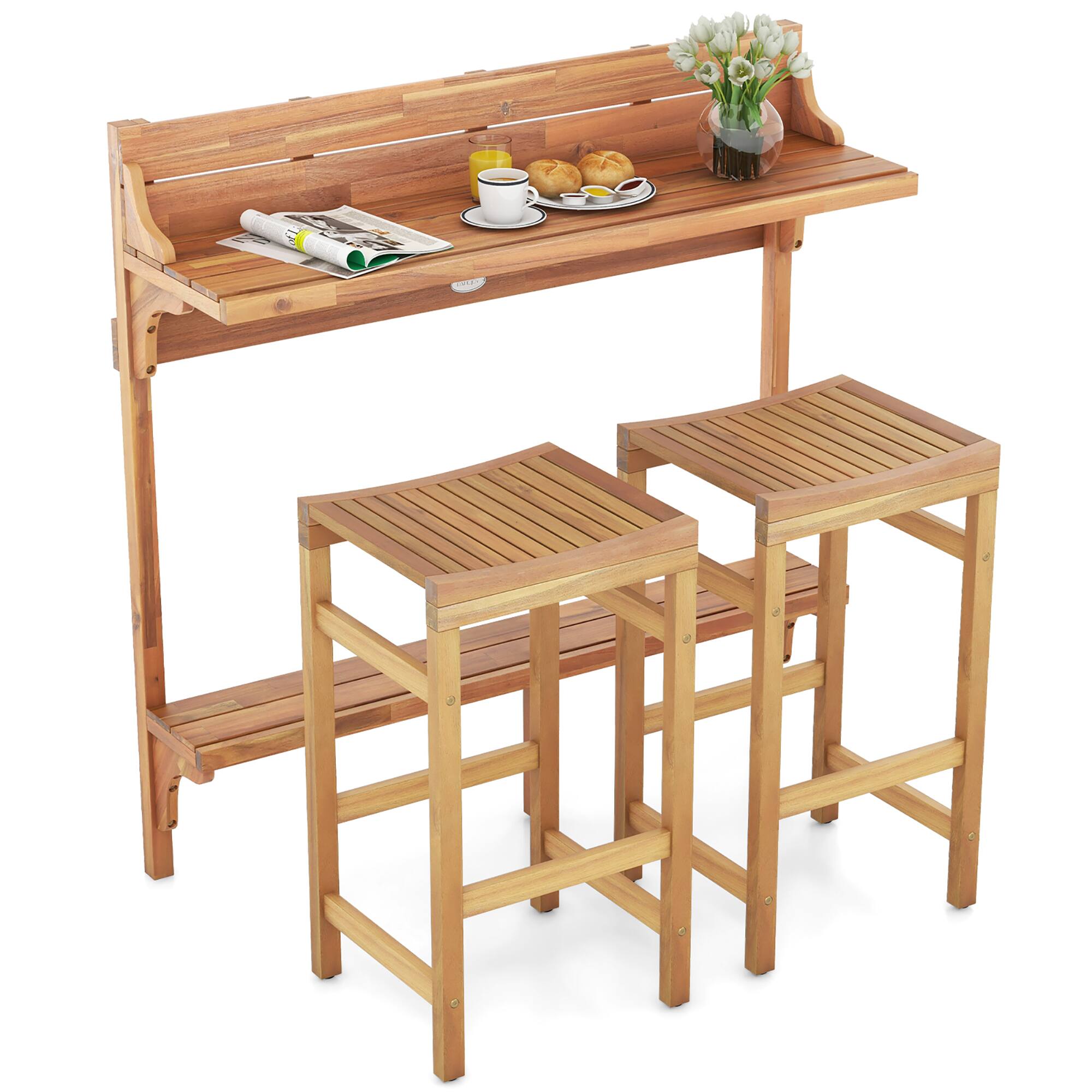 Alt View 9. Gymax - Gymax 6 PCS Acacia Wood Balcony Table Set w/ Shelf Footrest Curved Wood Seat - Teak.