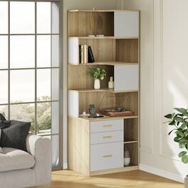 ModernMate - 74.4" Tall L-Shaped Bookcase with 3 Drawers, Corner Bookshelf with Storage, Charging Station - Light Walnut