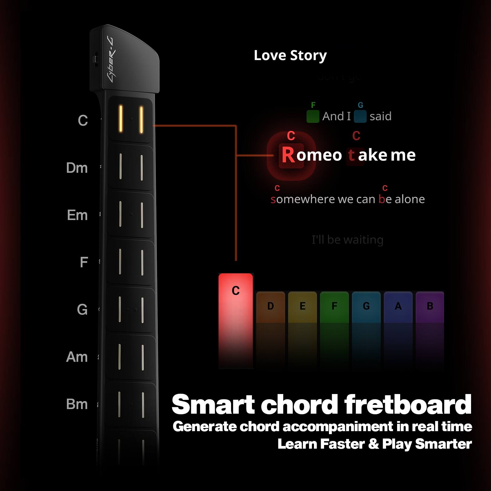 C Dm  
Em  
F  
G  
Am  
Bm  

Love Story  
And I said  
C  
Romeo take me  
somewhere we can be alone  
I'll be waiting  

Smart chord fretboard  
Generate chord accompaniment in real time  
Learn Faster & Play Smarter