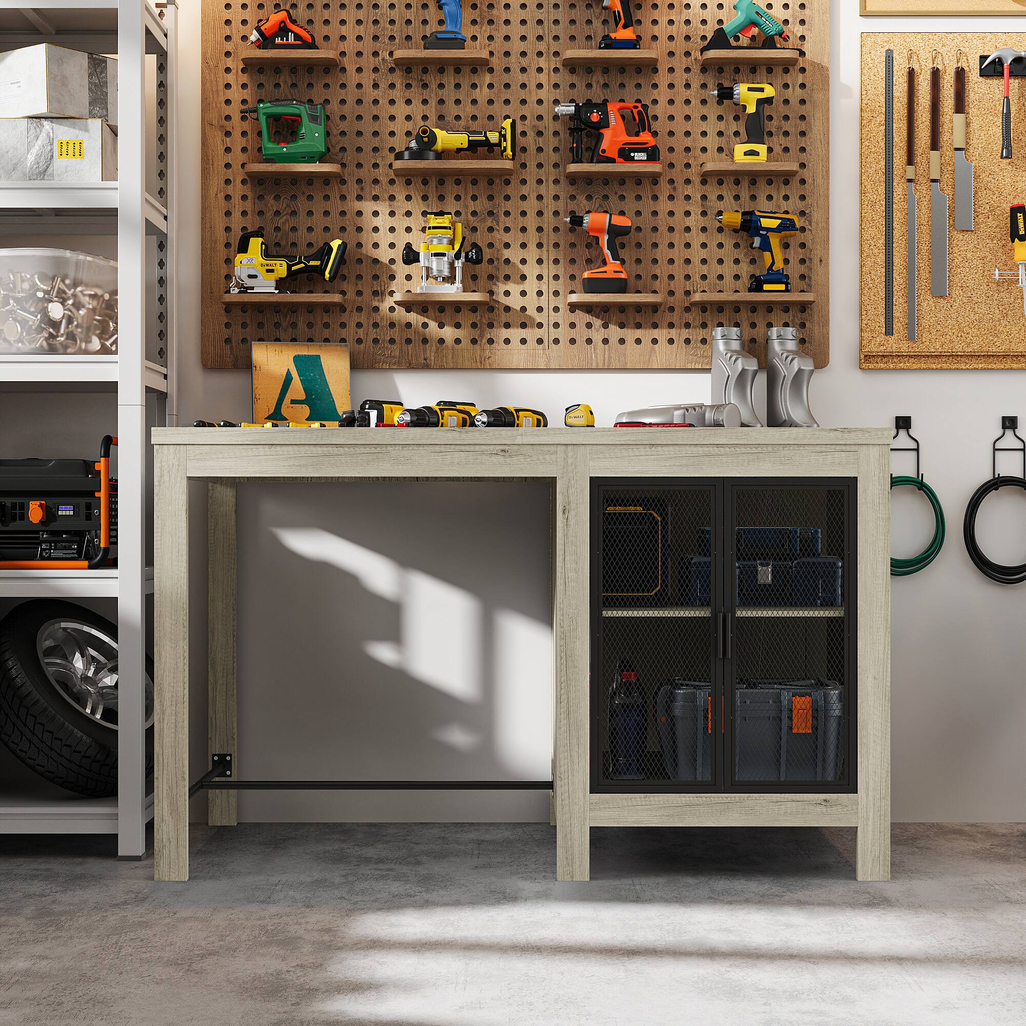 Alt View 1. Famapy - Famapy Rustic Wood Desk with Mesh Doors: Press - to - Open, Organized & Cozy Workspace - Gray.