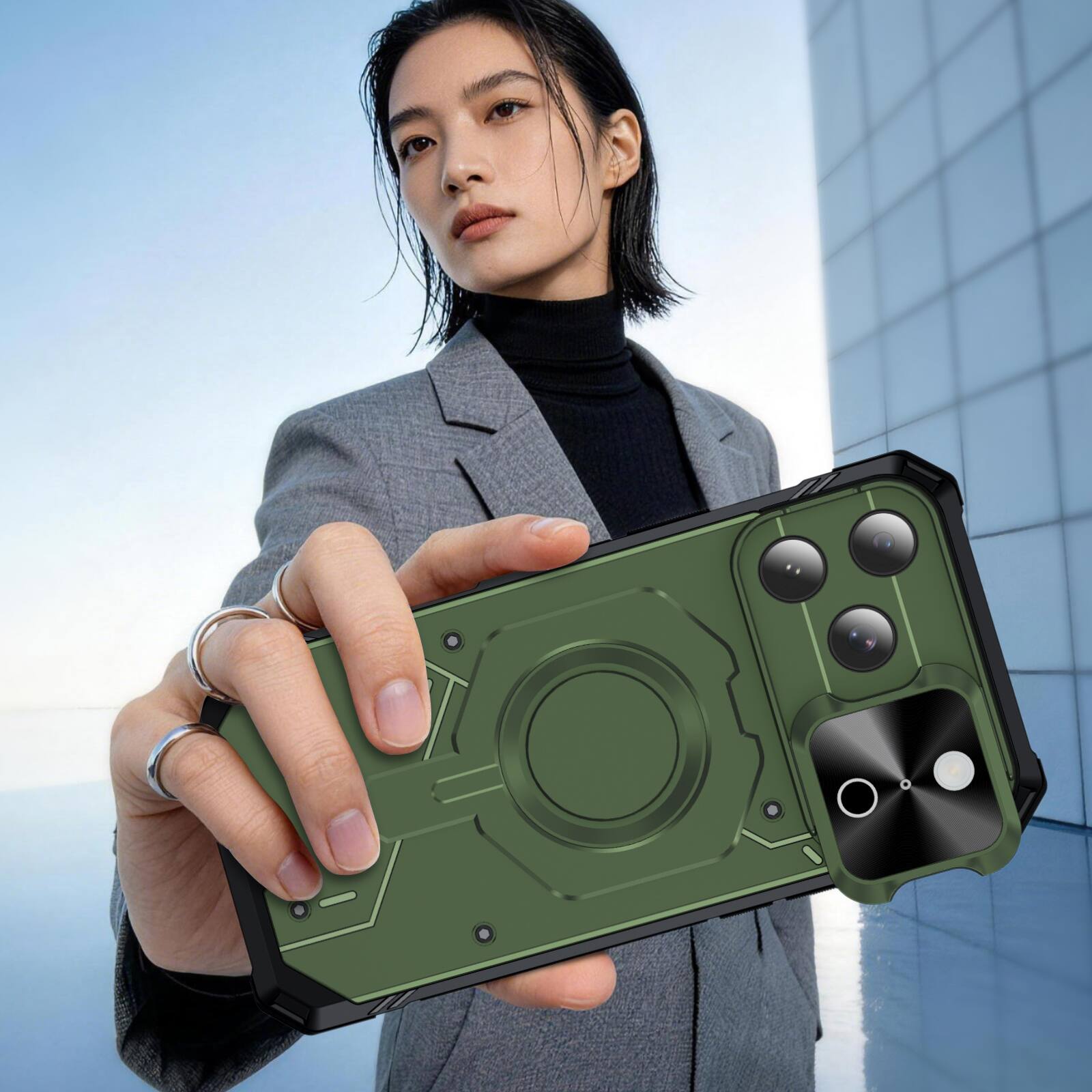 Back. Dteck - Shockproof Magnetic Hybrid Protective Case for Apple iPhone 18 Pro with Slide Camera Cover, Side Anti-Slip Texture - Armygreen.