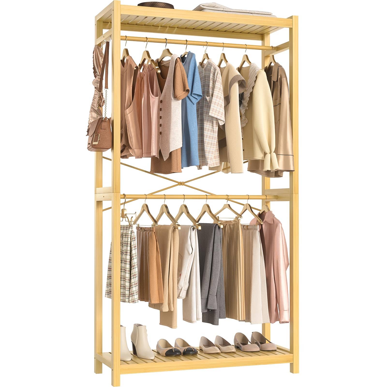 Hirose Alice - Homykic Bamboo Clothes Rack with Shelves and Double Hang Rods Closet System Garment Rack for Hanging Clothes - Natural I Single