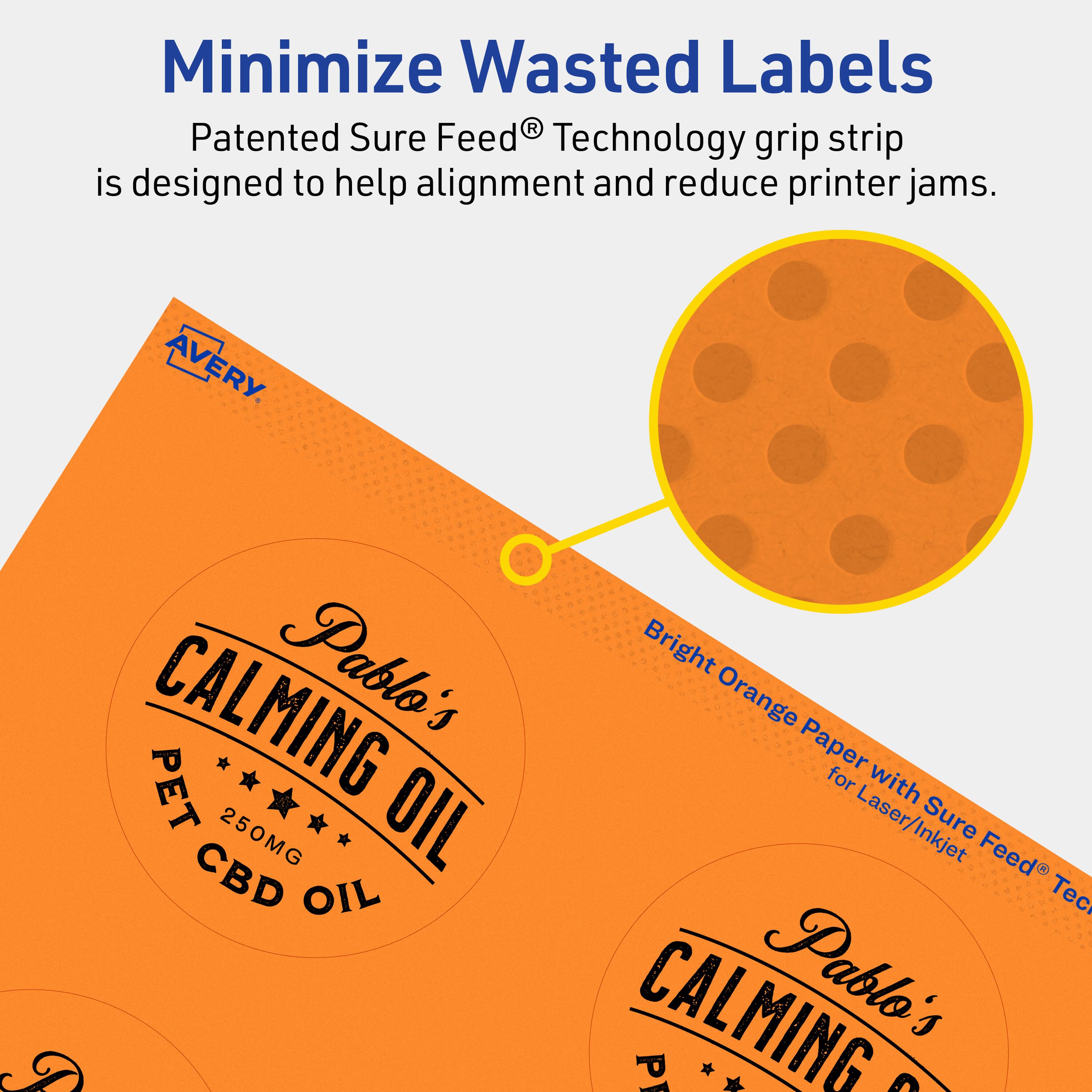Minimize Wasted Labels

Patented Sure Feed® Technology grip strip is designed to help alignment and reduce printer jams.

AVERY

Bright Orange Paper for Laser/Inkjet with Sure Feed® Technology

CALMING Pablo's PET OIL 250MG CBD OIL