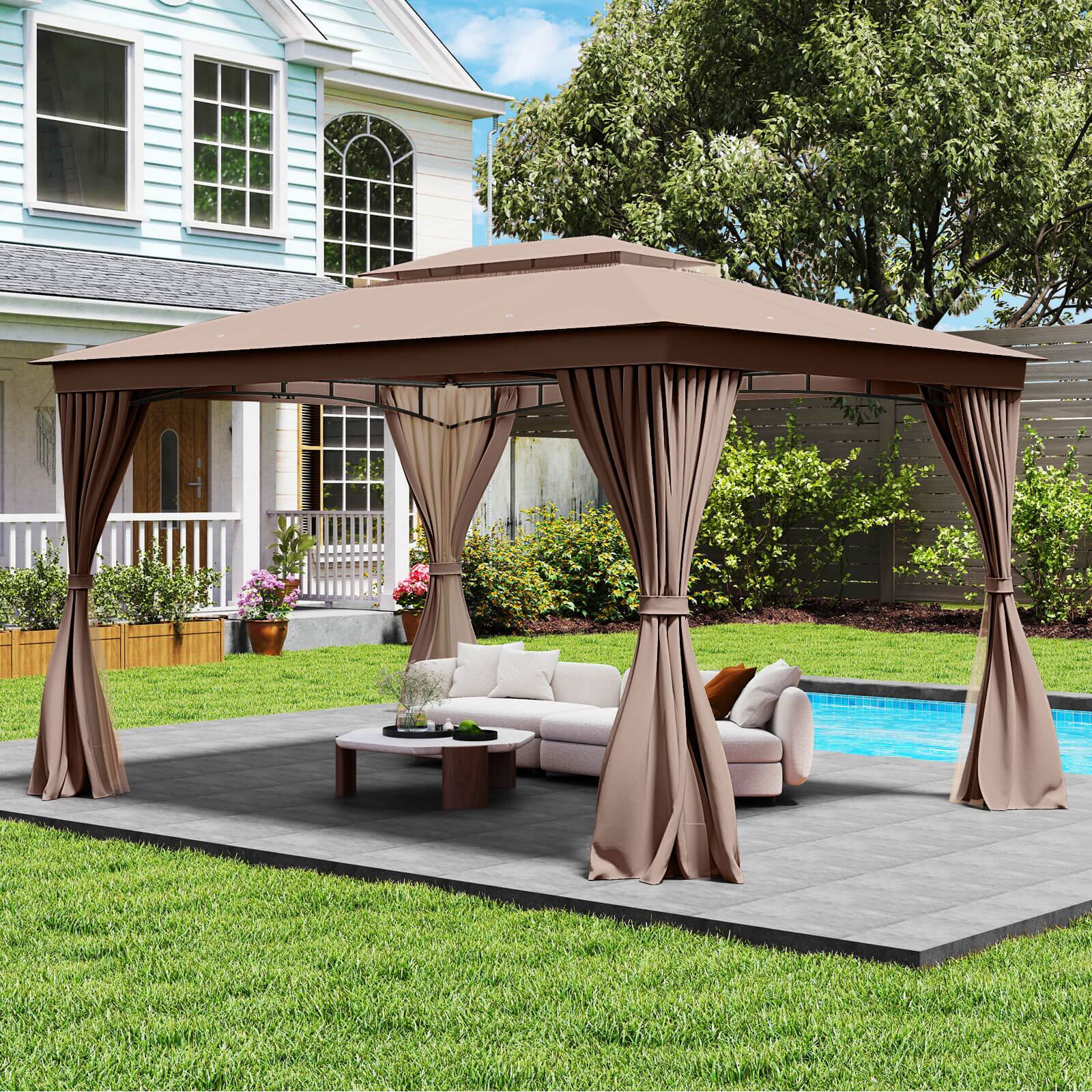 Alt View 3. Costway - Costway 10 X 13 FT Patio Gazebo, Outdoor Double-Roof Canopy Tent with Mesh Netting - Coffee.