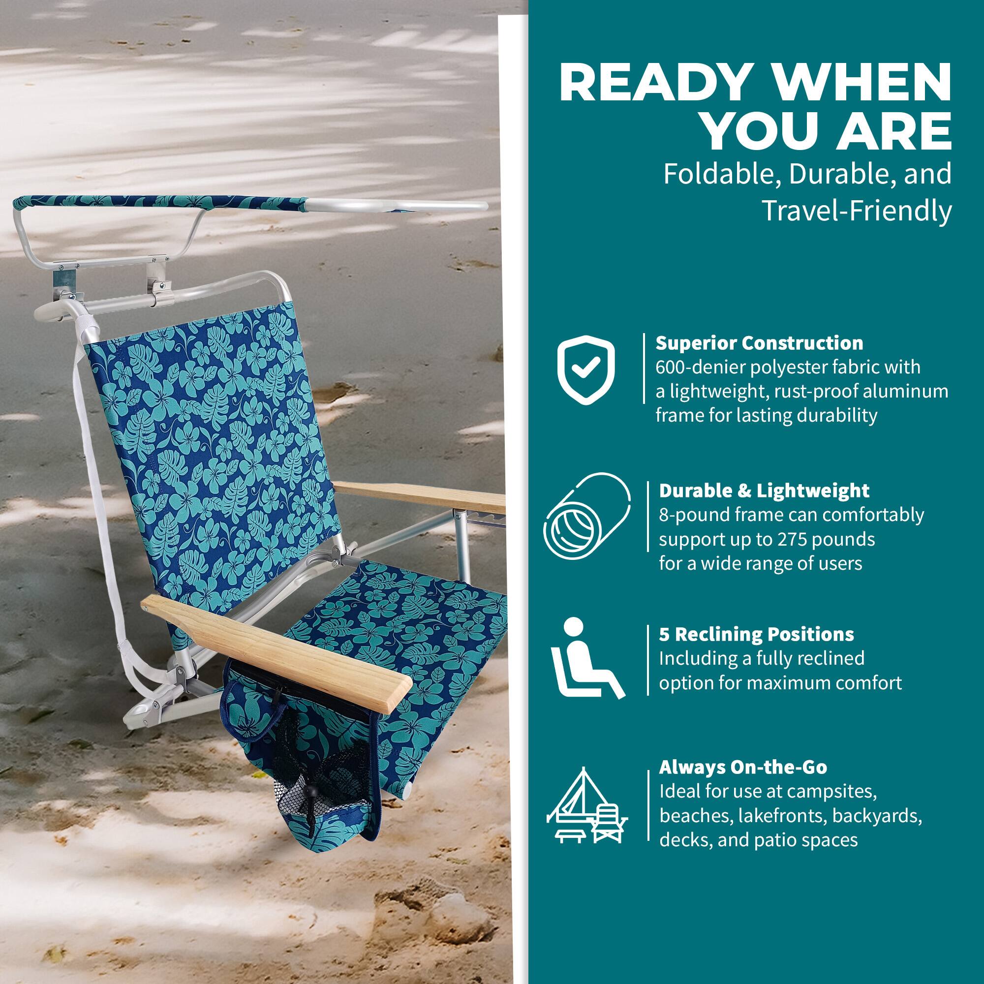 READY WHEN YOU ARE  
Foldable, Durable, and Travel-Friendly  

Superior Construction  
600-denier polyester fabric with a lightweight, rust-proof aluminum frame for lasting durability  

Durable & Lightweight  
8-pound frame can comfortably support up to 275 pounds for a wide range of users  

5 Reclining Positions  
Including a fully reclined option for maximum comfort  

Always On-the-Go  
Ideal for use at campsites, beaches, lakefronts, backyards, decks, and patio spaces