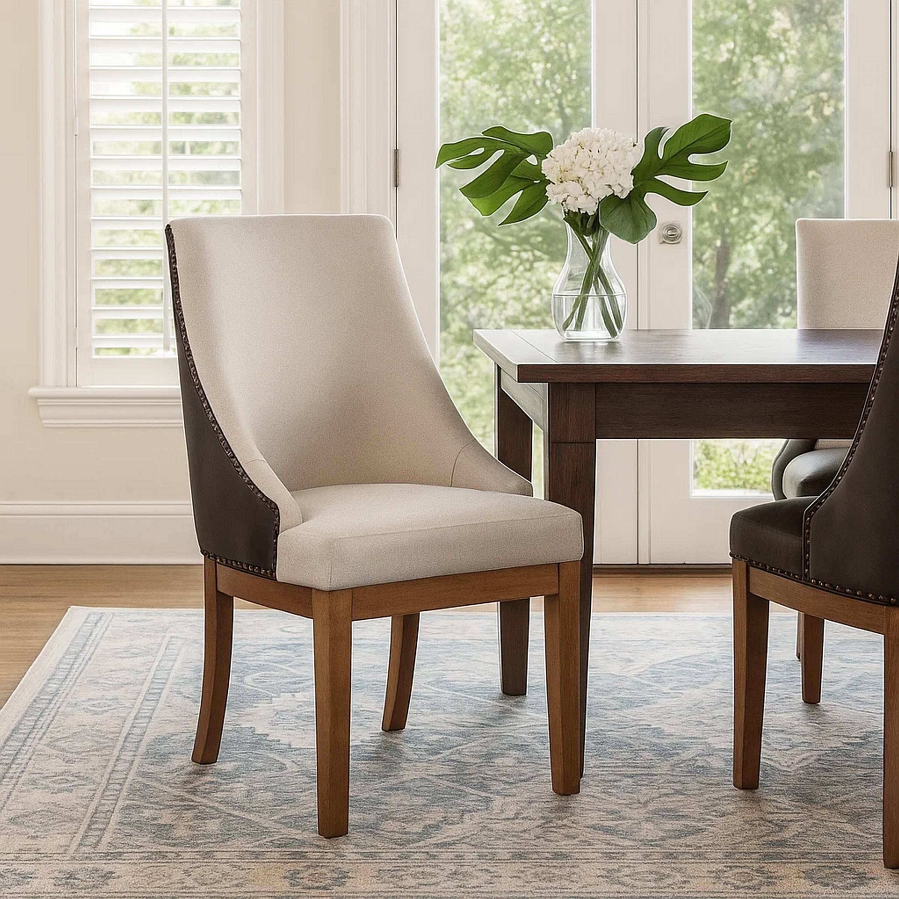 Alt View 5. Manhattan Lane - Elsie Dining Chair Set of 2, Foam Fill, Nailed Faux Leather Back, Brown - Brown, Cream.