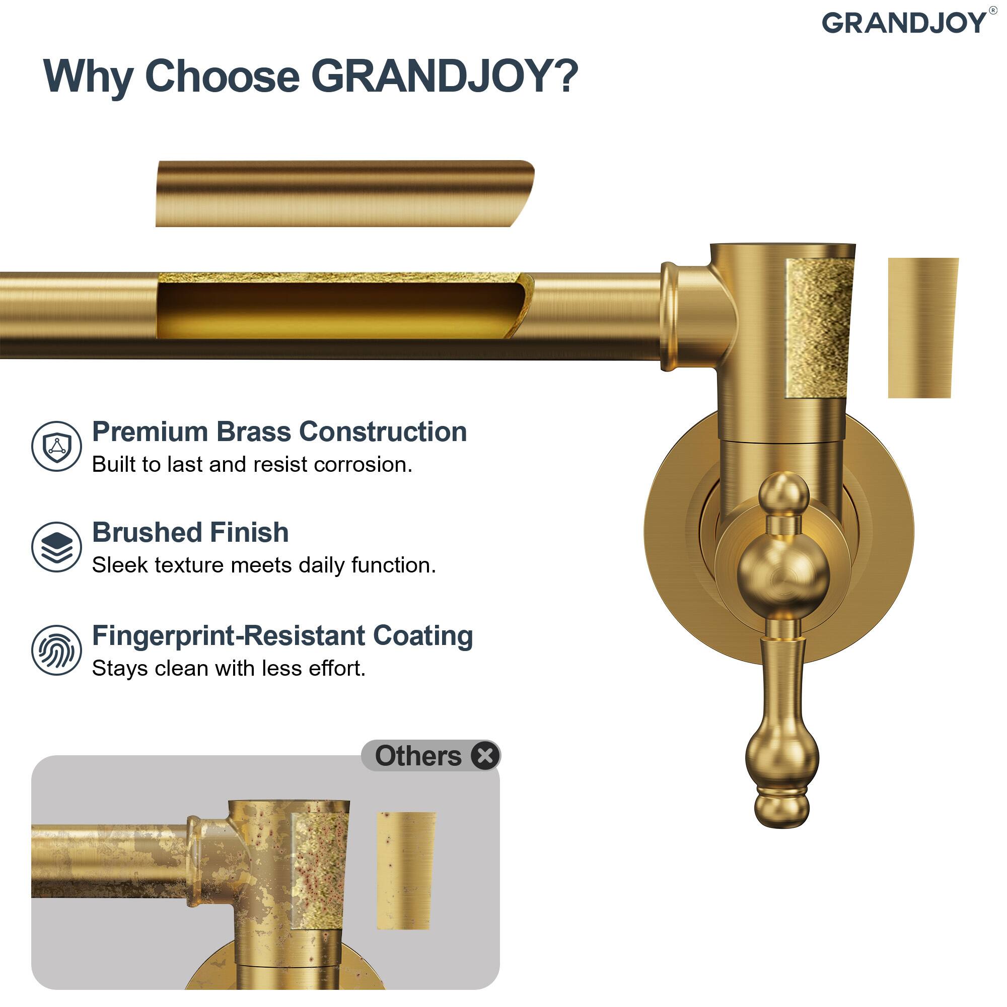 Why Choose GRANDJOY?

- Premium Brass Construction
  Built to last and resist corrosion.

- Brushed Finish
  Sleek texture meets daily function.

- Fingerprint-Resistant Coating
  Stays clean with less effort.

Others