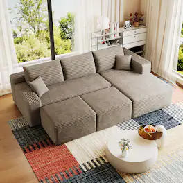 Whisen - 95" U-Shaped Modular Sectional Sofa with 2 Ottomans, Plush Corduroy Fabric Deep Seat Corner Couch - Camel