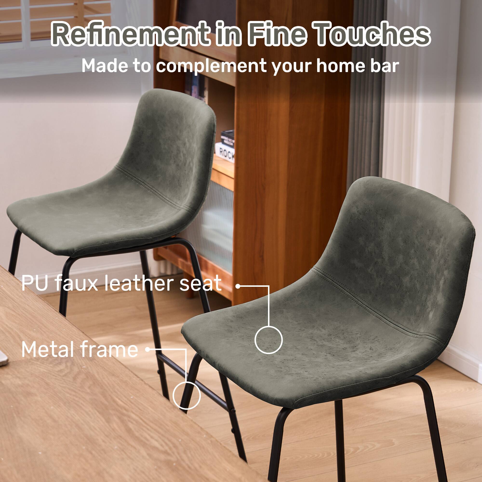 Refinement in Fine Touches Made to complement your home bar PU faux leather seat Metal frame