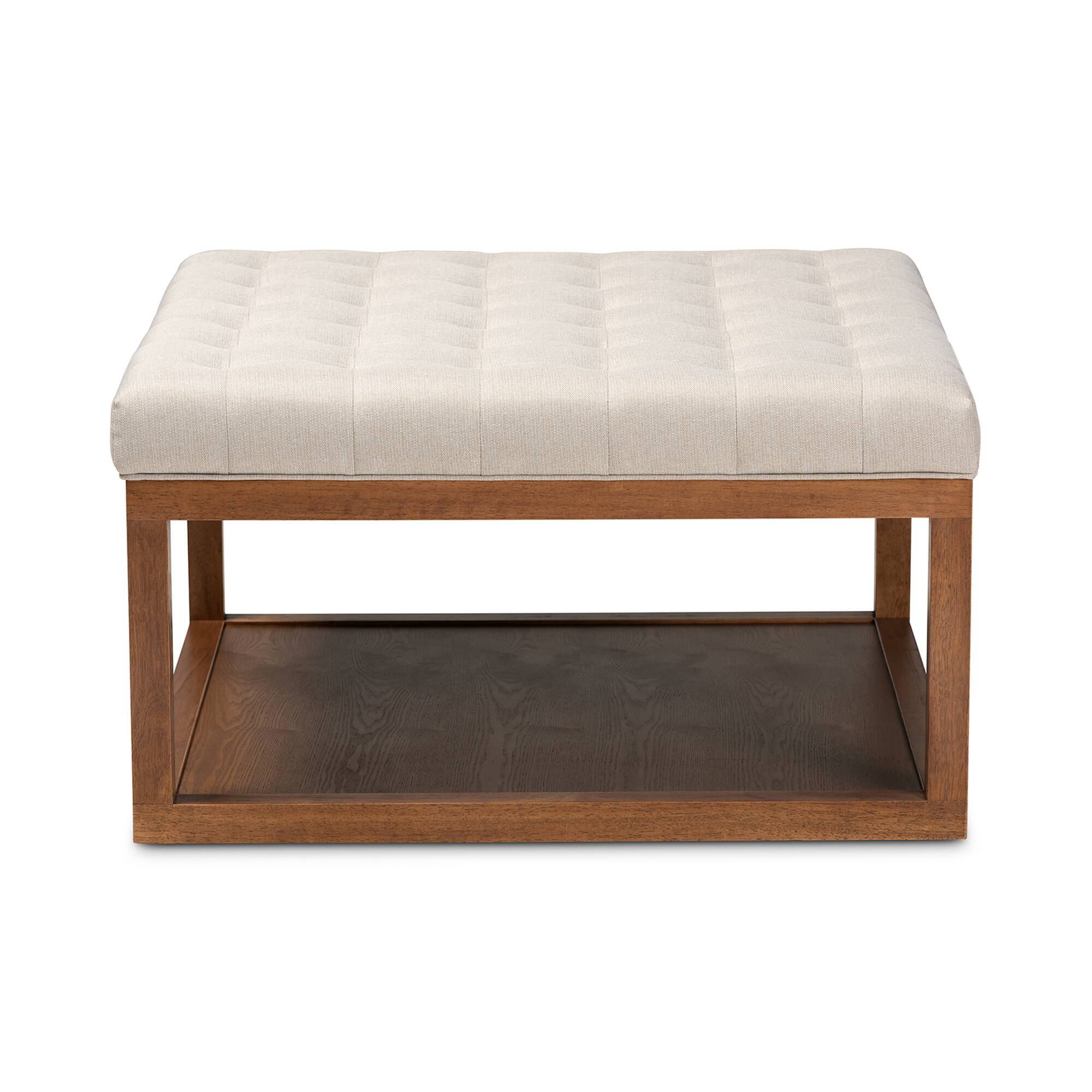 Angle. Baxton Studio - Alvere Modern and Contemporary Fabric Upholstered Walnut Finished Cocktail Ottoman - Beige/Walnut.