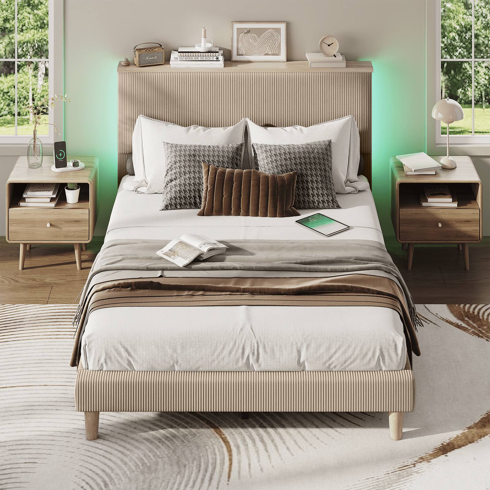 Left. Bestier - Bed Frame Upholstered Platform Gaming Bed with LED Light & Adjustable Storage Headboard for Bedroom-Queen Size - Taupe.