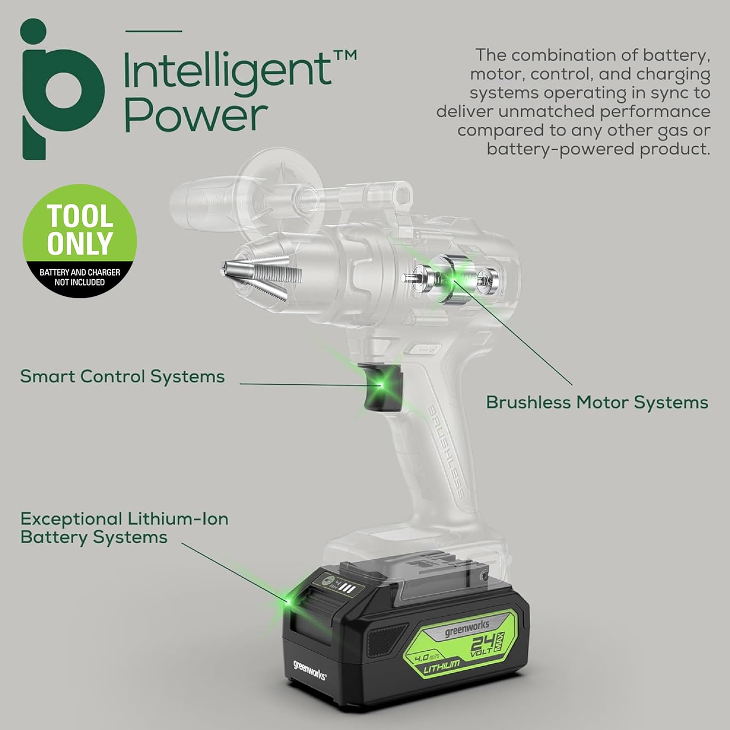 Intelligent Power™

TOOL ONLY  
BATTERY AND CHARGER NOT INCLUDED

The combination of battery, motor, control, and charging systems operating in sync to deliver unmatched performance compared to any other gas or battery-powered product.

Smart Control Systems

Exceptional Lithium-Ion Battery Systems

Brushless Motor Systems

24V LITHIUM  
4.0 Ah  
LITHIUM