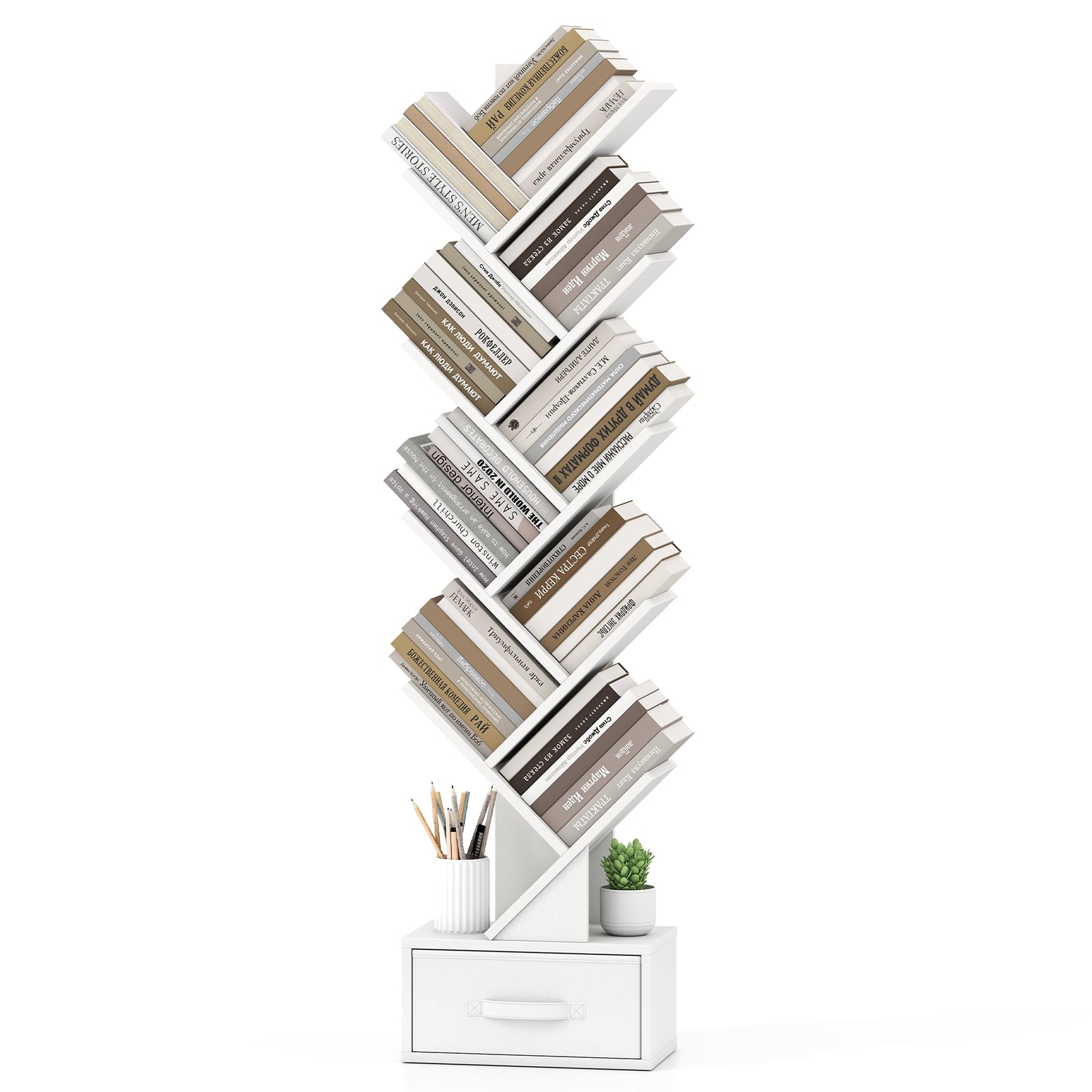 Costway - 10-tier Tree Bookshelf with Drawer Free-standing Bookcase Storage Shelf - White