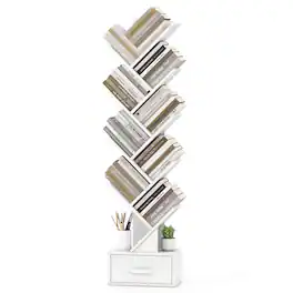 Costway - 10-tier Tree Bookshelf with Drawer Free-standing Bookcase Storage Shelf - White
