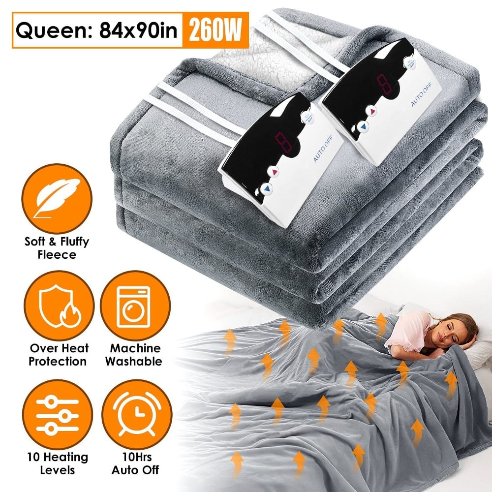 Loheer - queen size grey heated blanket with dual controllers - Gray