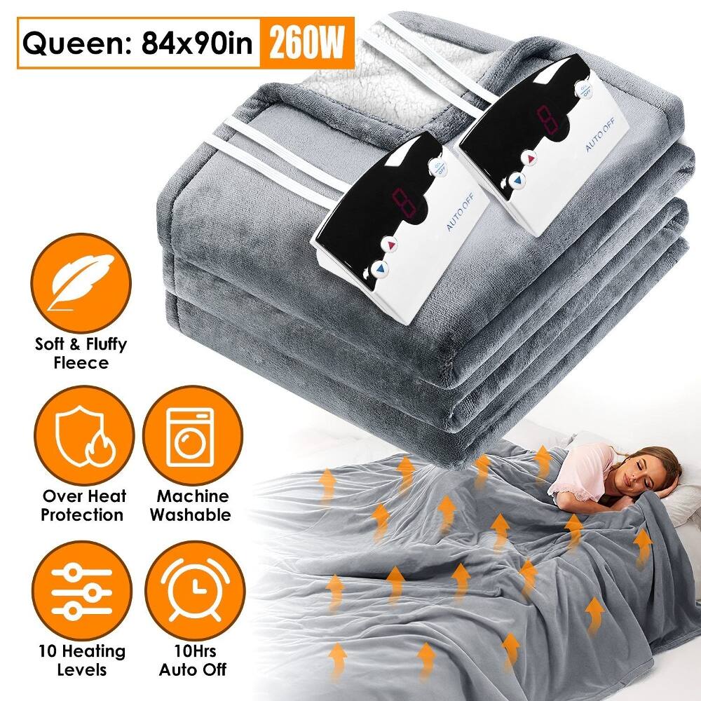Queen: 84x90in 260W  
OFF AUTO  
Soft & Fluffy Fleece  
Over Heat Machine Protection Washable  
10 Heating Levels  
10Hrs Auto Off