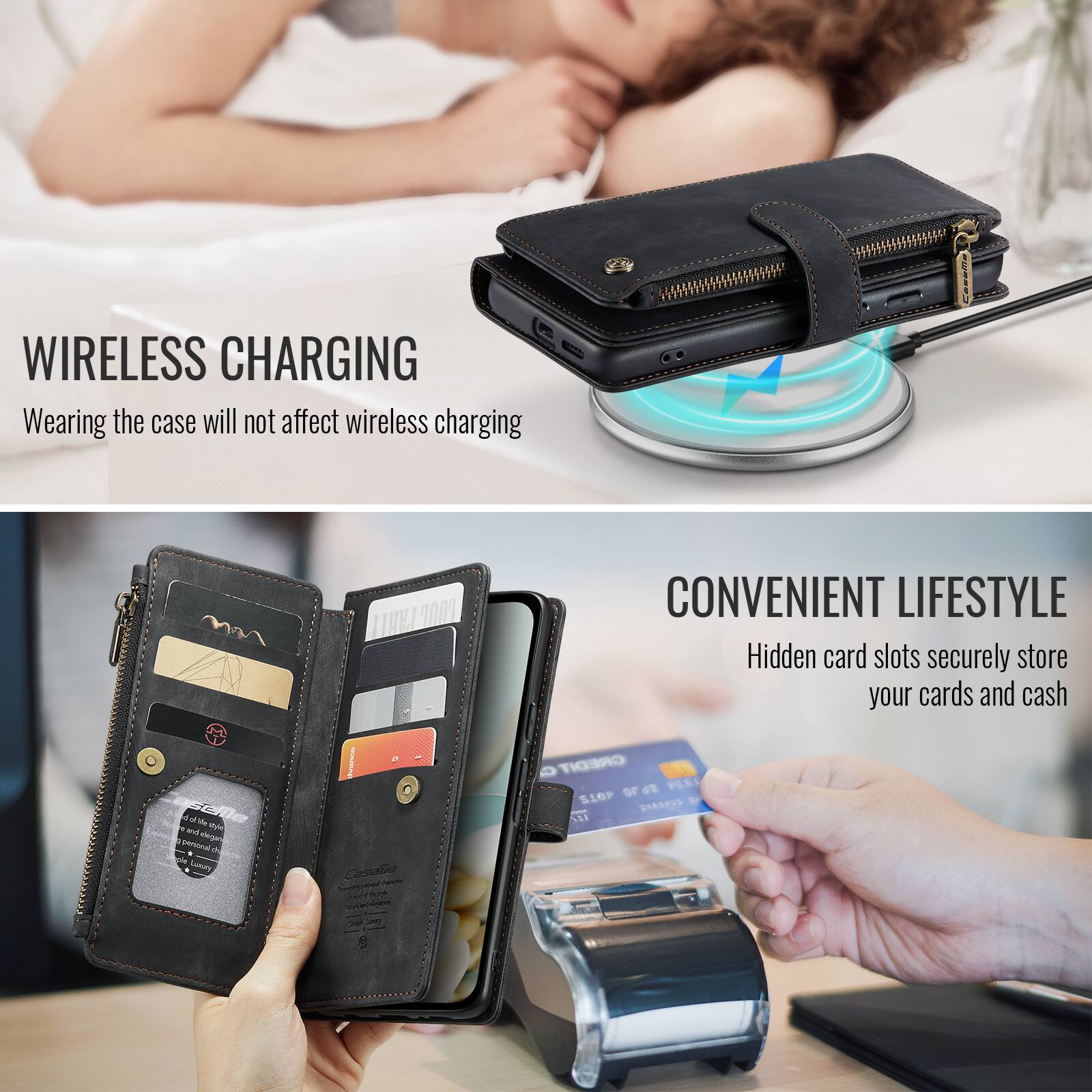 WIRELESS CHARGING  
Wearing the case will not affect wireless charging

CONVENIENT LIFESTYLE  
Hidden card slots securely store your cards and cash

PAY personal elegan ch wasy  
Casella  
CREDIT SLOP 678