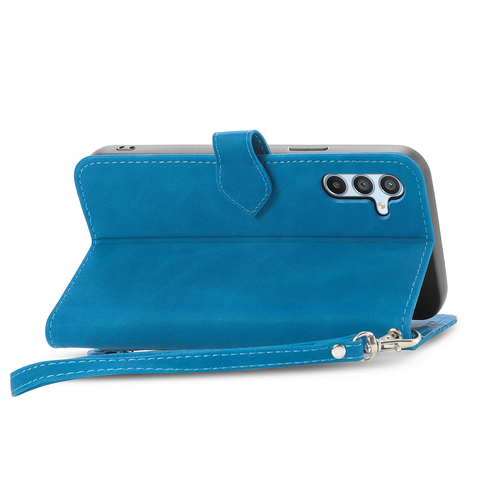 Back. Dteck - for Samsung Galaxy A14 5G Wallet Case,Folio Shockproof PU Leather Card Holder Cover with Zipper Pocket & Wrist Strap - Blue.