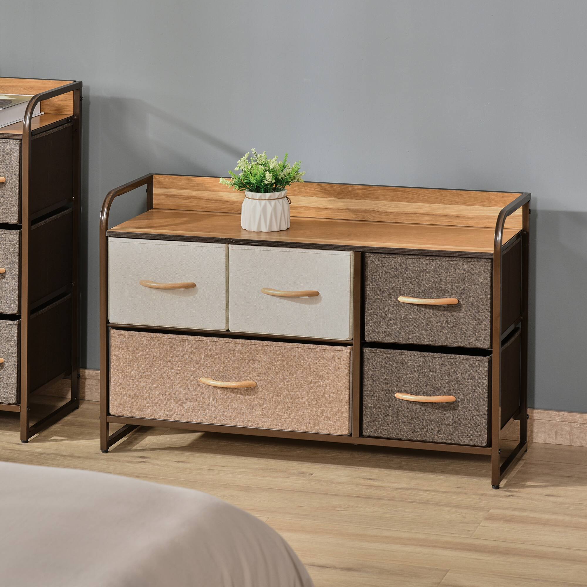 Alt View 1. Homcom - 5-Drawer Dresser, Fabric Chest of Drawers, 2-Tier Storage Organizer for Bedroom Entryway, Tower Unit - Multi-coloured.