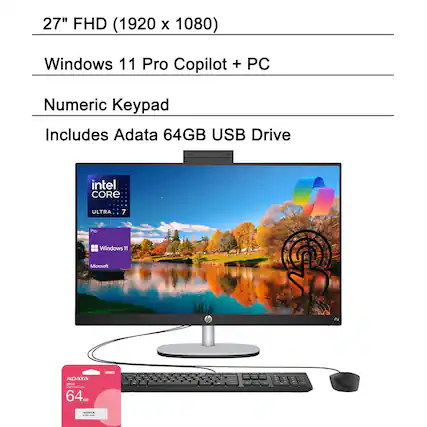 27" FHD (1920 x 1080)
Windows 11 Pro Copilot + PC
Numeric Keypad
Includes Adata 64GB USB Drive
Intel Core Ultra i7
Windows 11
Microsoft