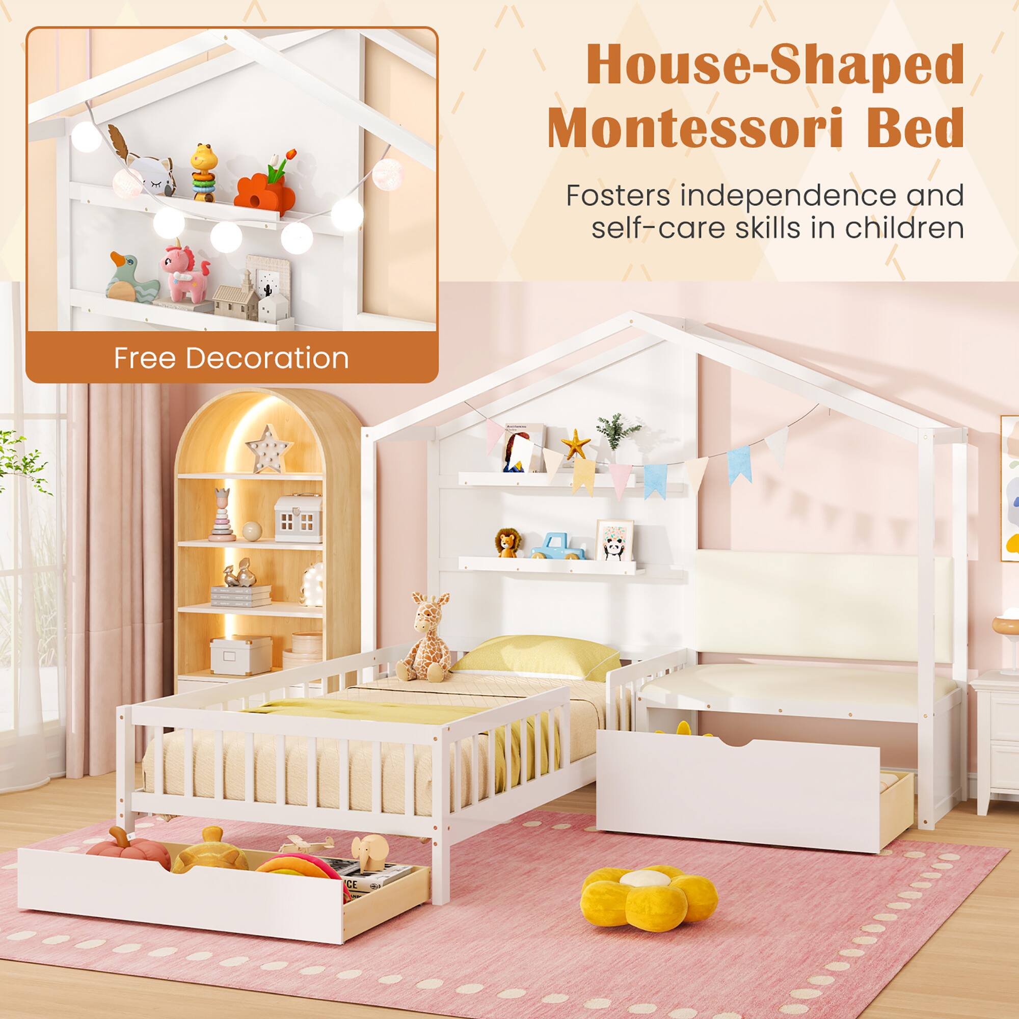 House-Shaped Montessori Bed  
Fosters independence and self-care skills in children  

Free Decoration
