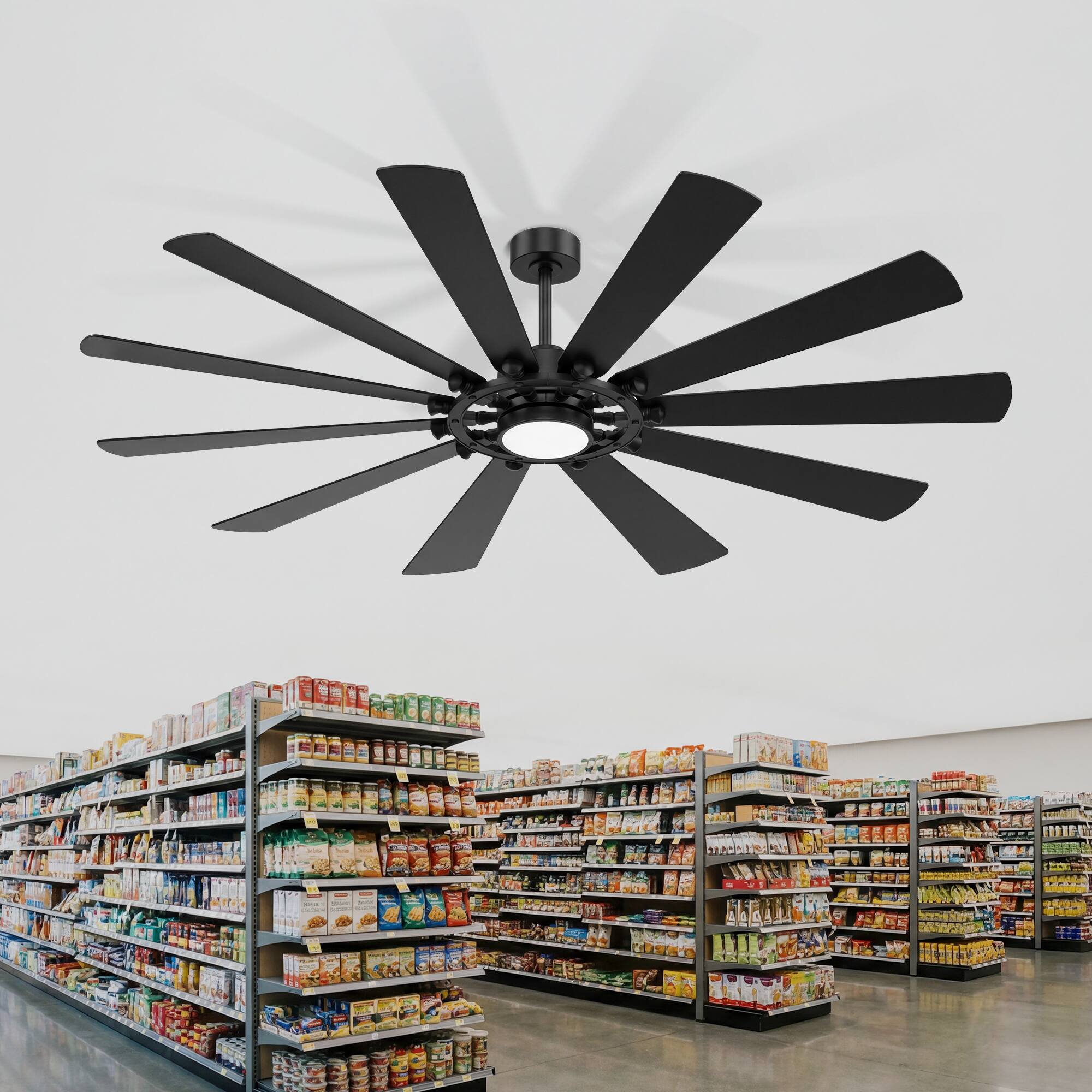 Left. Breezary - 52-Inch Modern Ceiling Fan with 10 Plywood Blades, DC Motor, 6-Speed Remote, Tri-Color LED Light, Dual Downrod Mount - Matte Black.