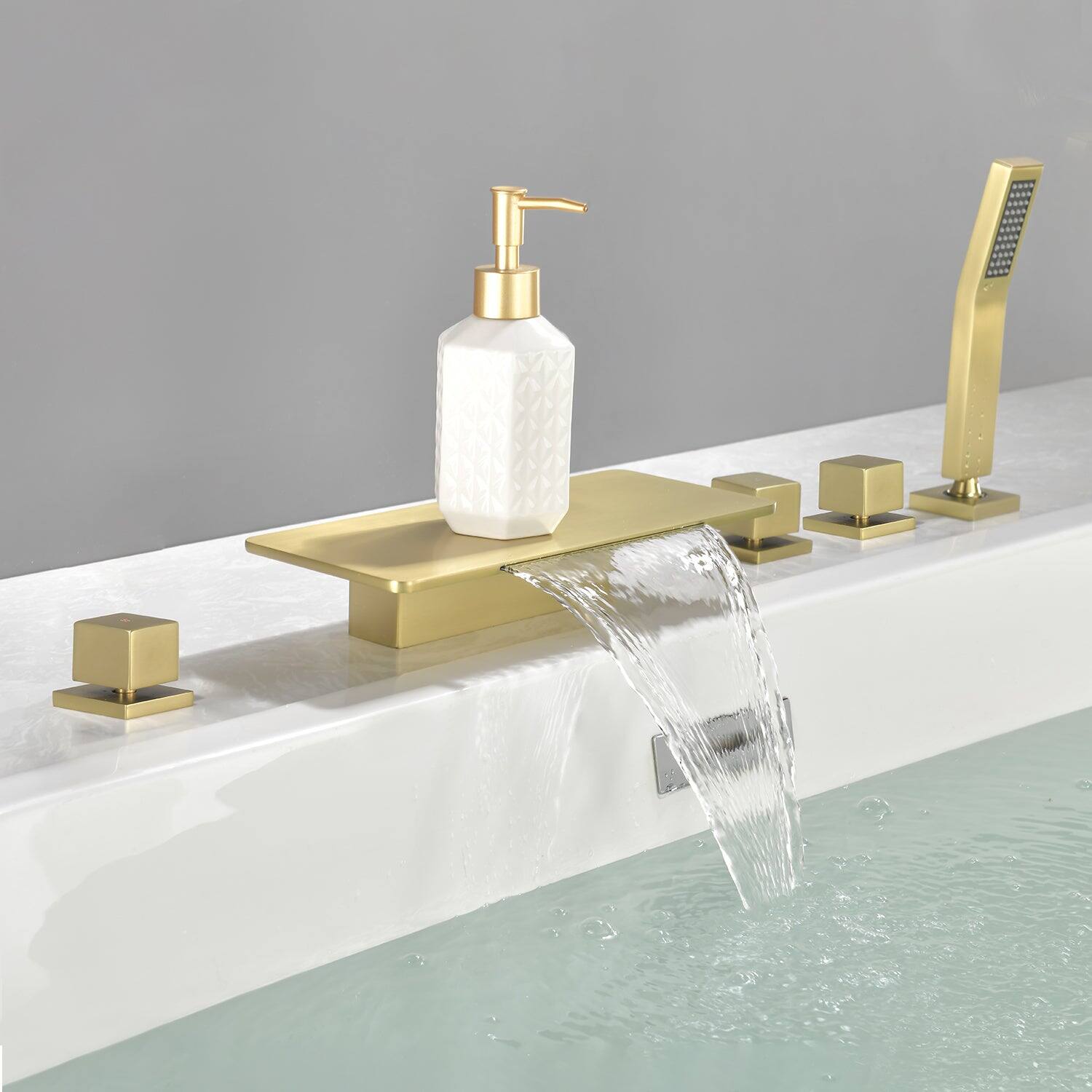 Alt View 2. Boyel Living - Brushed Gold Bathtub Faucet with Waterfall Spout and Handheld Shower Five Hole Installation Hot Cold Control - Brushed Gold.