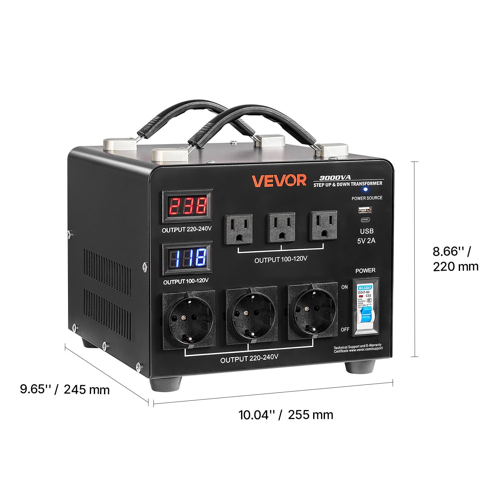 VEVOR 3000VA STEP UP & DOWN TRANSFORMER POWER SOURCE

- OUTPUT 220-240V
- 800 5V USB 2A OUTPUT
- POWER OUTPUT 100-120V

Dimensions:
- 8.66" / 220 mm
- 9.65" / 245 mm
- 10.04" / 255 mm

Technical Support and E-Harranty Certificate