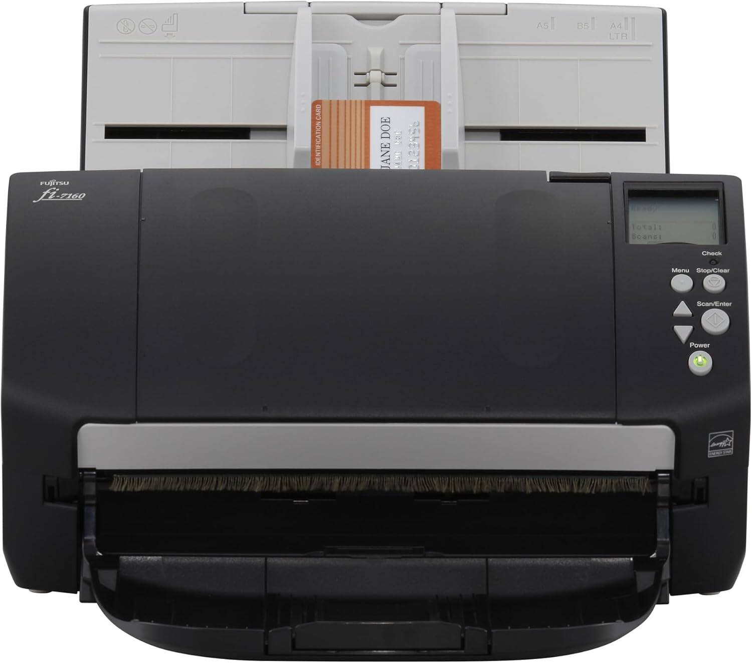 Sure, here is the corrected and grouped text from the image:

---

**Fujitsu fi-7160**

**Card Identification Card DOE**

**JANE DOE**

**0033456**

**Total: 0**

**Menu Stop/Clear Scan/Enter Power**

**Check**

**A5 B5 A4 LTR**

**Fujitsu fi-7160**

**REFLECTIVE CARD**

---

This text includes the model of the scanner, the card identification details, and the control buttons on the scanner.