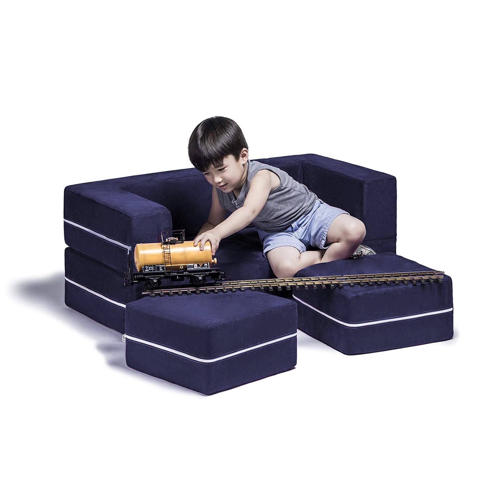 Left. Jaxx - Jaxx Zipline Kids Modular Loveseat & Ottomans/Fold Out Lounger, Navy - Navy.