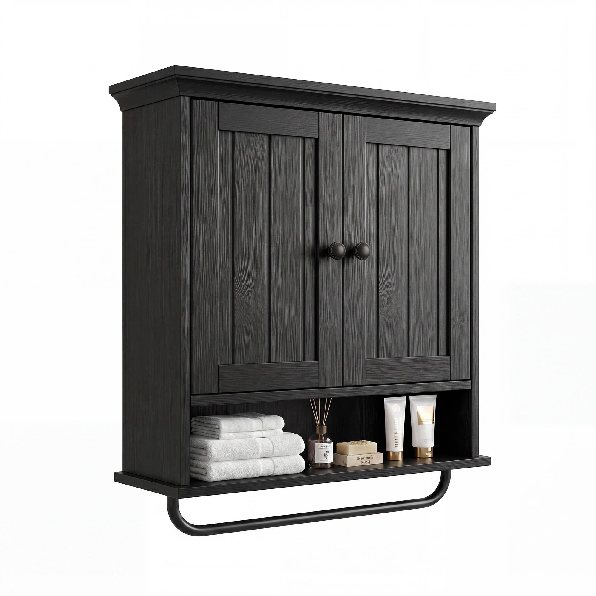 Angle. Aheaplus - Wall Mounted Bathroom Cabinet, 2 Door Medicine Cabinet with Adjustable Shelves and Towel Bar - Black.